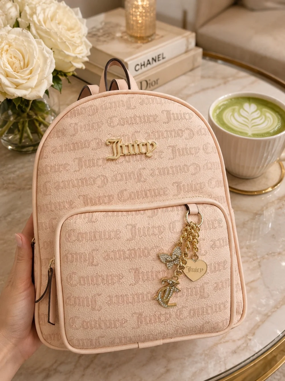 Juicy Couture Blush Monogram Mini Backpack with Gold Charm - Y2K Aesthetic - Picture 1 of 4
